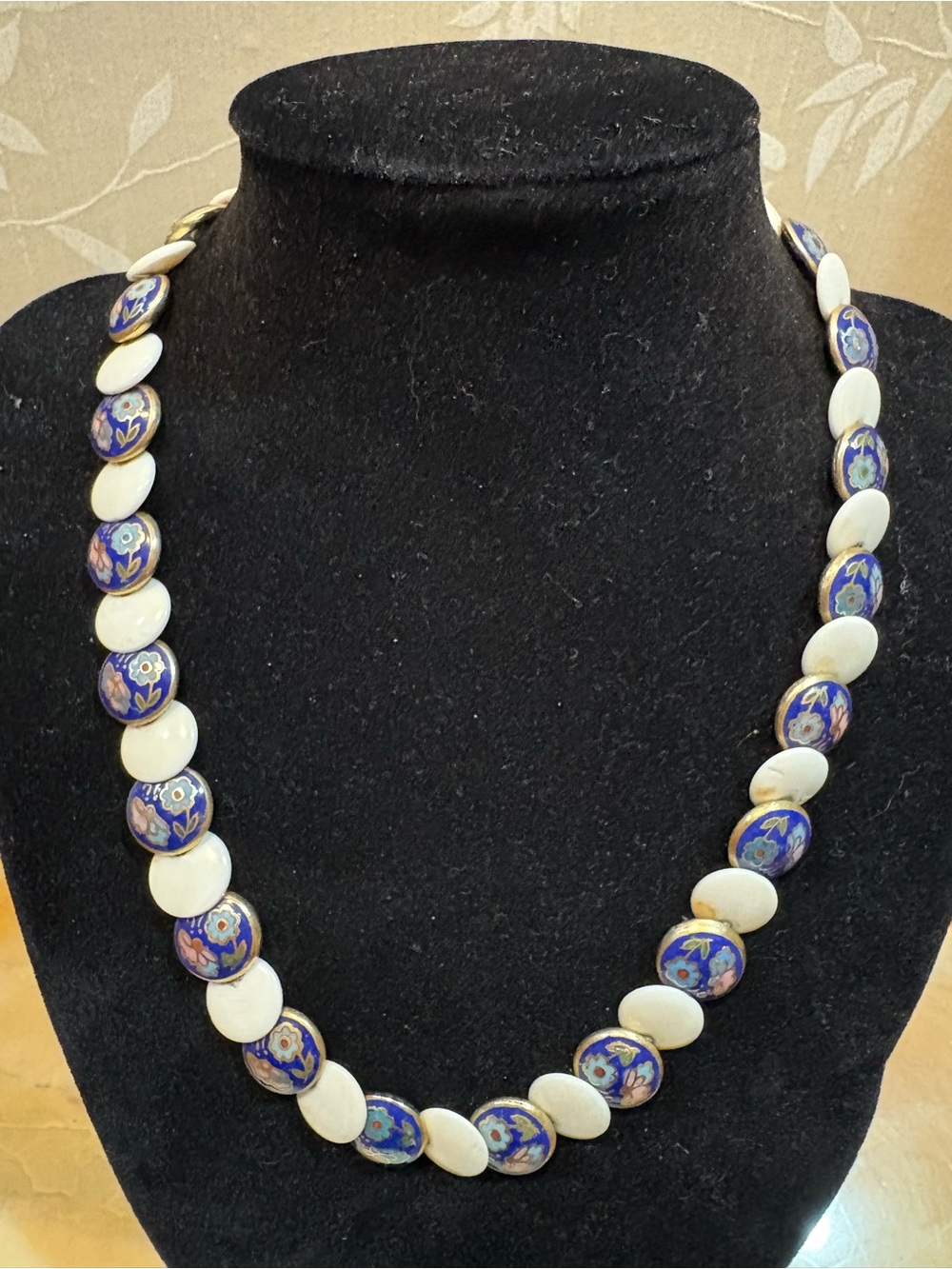 White and Blue Vintage Floral Cloisonné Button Necklace